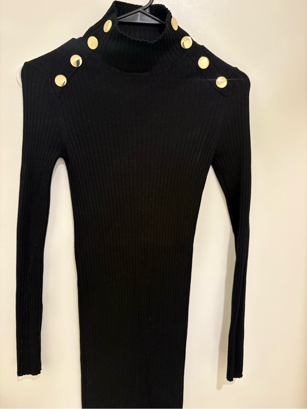 Zara Black Ribbed Gold Button Mock Neck Midi Sweater Dress S